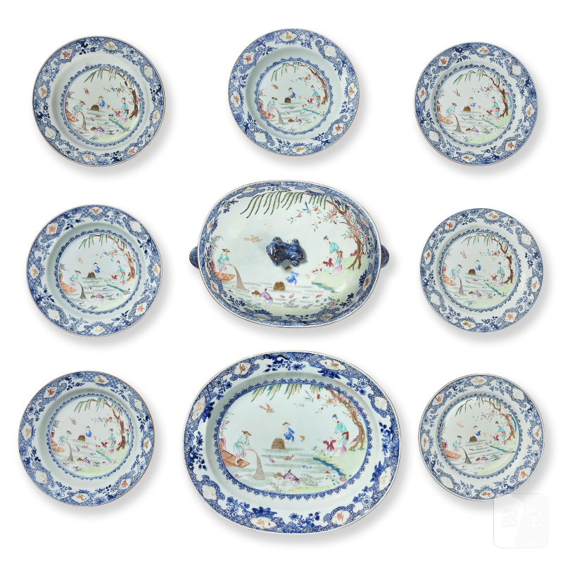 清乾隆 青花粉彩漁人圖餐具一組 | A FAMILLE ROSE AND UNDERGLAZE BLUE 'FISHERMEN' PART SERVICE - 图4
